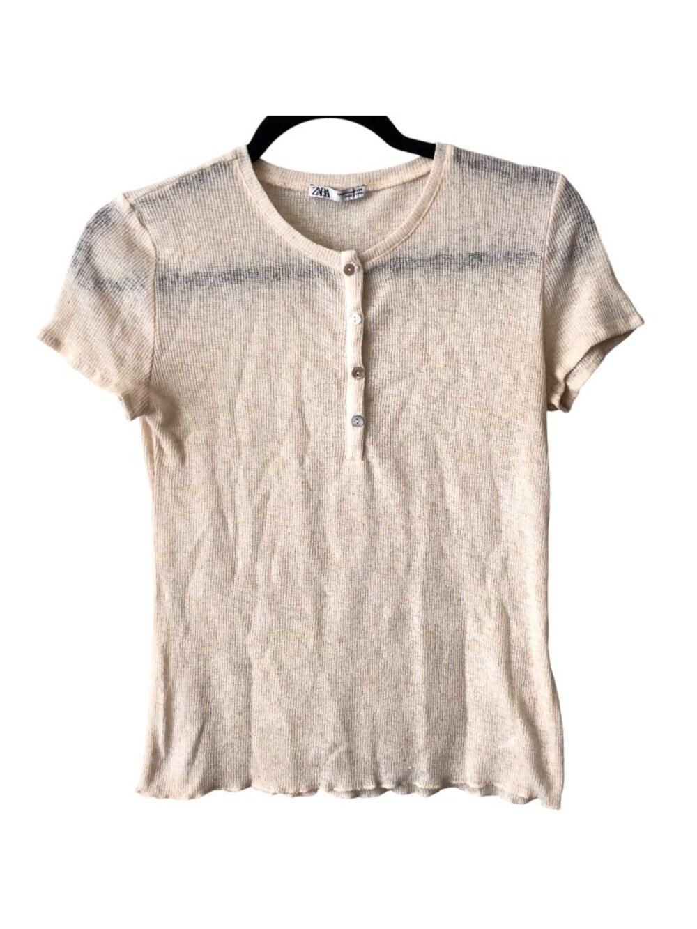 Zara Beige Ribbed Round Neck Short Sleeve Top Size M